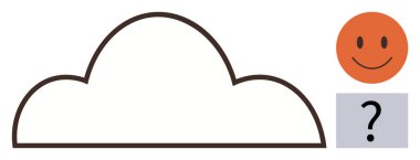 Gülümseyen bir yüz ve soru işaretinin yanında bulut düşünce süreçlerini, seçim yapma ve duyguları görselleştirir. Beyin fırtınası için ideal, zihinsel berraklık, kararlar, fikirler, öz yansıma