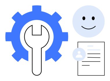 Vites ve anahtar, mutlu bir yüz ve kullanıcı profili ile eşleştirilmiş araçları ve kişiselleştirmeyi sembolize eder. Kullanıcı arayüzü, kişiselleştirme, bakım, müşteri desteği, teknik servis, kullanıcı kılavuzu için ideal