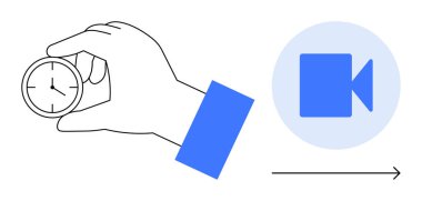 Video kamera simgesinin yanında el ele tutuşan kronometre ilerlemeyi gösteriyor. Zaman yönetimi, verimlilik, iş akışı, verimlilik, verimlilik, video düzenleme, son teslim tarihi, basit düz metafor