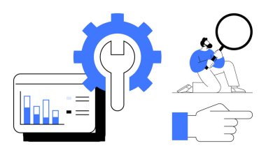 Dişliler bir çizelge ve çizgilerle örtüşüyor. Büyüteçle diz çöküp eli işaret eden adam. Analiz, problem çözme, strateji, araştırma, keşif, rehberlik için ideal, basit düz metafor