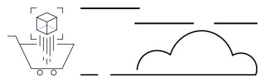 Alışveriş arabası 3 boyutlu bir küpü yüklerken stilize bir buluta bağlanıyor, veri transferini gösteriyor, teknolojik yenilik ve e-ticaret. Perakende, dijital depolama, lojistik ve bulut hesaplama için ideal