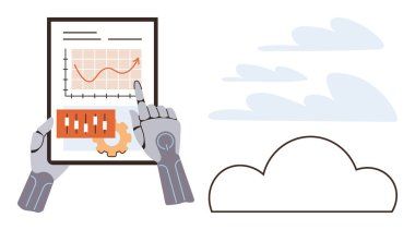 Robotik eller tablet üzerinde yukarı doğru grafikler, verimliliği sembolize eden dişliler, bulut çizimlerinin yanı sıra. Teknoloji, yapay zeka, yenilik, analitik, bulut hesaplama, otomasyon fütüristik tasarım için ideal