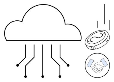 Veri bağlantıları olan bulut, düşen para işlemleri simgeliyor güven ve ortaklık için tokalaşma. Teknoloji, fintech, veri güvenliği, işbirliği, yenilik, e-ticaret dijital için ideal