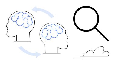 Yüzeyin üzerinde büyüteçle çevrili oklarla birbirine bağlanmış iki insan kafası. Araştırma, beyin fırtınası, problem çözme, bilim, yenilik, bilgi, takım çalışması için ideal