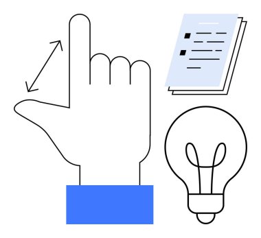 Bir ampulün yanında el kol hareketi terazisi ve yaratıcılığı, fikirleri, öğrenmeyi ve yeniliği simgeleyen dokümanları istiflemek. Eğitim, sorun çözme, beyin fırtınası, sunumlar, iş dünyası için ideal