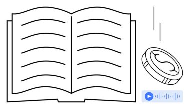 Yatay çizgileri olan açık bir kitap, havada dönen bozuk para ve sesli çalma düğmesi. Eğitim, okur yazarlık, finansal planlama, ulaşılabilirlik, çevrimiçi öğrenim sesli bilgi paylaşımı için idealdir. Basit.