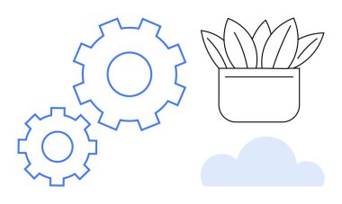 Birbirine kenetlenmiş iki vites, saksıda bir bitki ve bir bulut. Yenilik için ideal, sürdürülebilirlik, takım çalışması, büyüme, otomasyon çevre dostu çözümler uyumu. Basit düz metafor