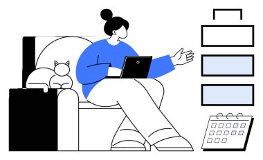 Güvertedeki görevleri işaret ederken dizüstü bilgisayar kullanan bir kadın. Kedi onun yanında yatıyor. Görevler, takvim ve rahat çalışma alanı. Uzaktan çalışma, planlama, çoklu görev, ev ofisi için ideal