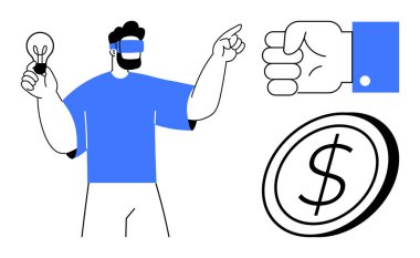 Ampul tutan, el kol hareketi yapan ve işaret eden VR kulaklık takan bir adam var. Yanında da para ve yumruk parçaları var. Yenilik, yaratıcılık, teknoloji, finans, problem çözme, sanal