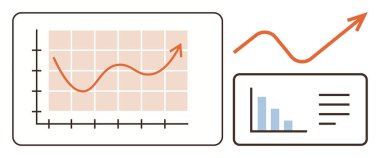 Artan eğilim, bar grafiği ve büyüme, ilerleme ve istatistikleri temsil eden analitik simgelerine sahip çizgi grafiği. İş, finans, araştırma, veri görselleştirme trendleri için ideal başarı ve raporlama
