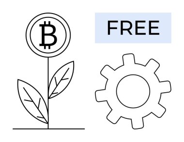 Bitcoin para yapraklarla büyüyen bir bitki, ilerlemeyi temsil eden dişli ve bedava metin bloğu. Kripto para birimi, engelleme zinciri, yenilik, büyüme, sürdürülebilirlik serbest kaynak fintech için idealdir. Basit.