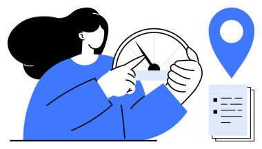 Kadının hız göstergesi, mavi yer göstergesi ve belge yığınıyla etkileşimi var. Üretkenlik, planlama, navigasyon, analitik, hedef belirleme zaman yönetimi performans takibi için idealdir. Basit düz