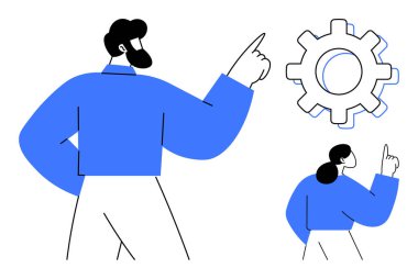 Büyük bir vites mekanizmasına doğru hareket eden iki profesyonel. Takım çalışması, yenilik, planlama, liderlik, işbirliği, problem çözme ve teknik gelişim için ideal. Basit bir düz metafor.