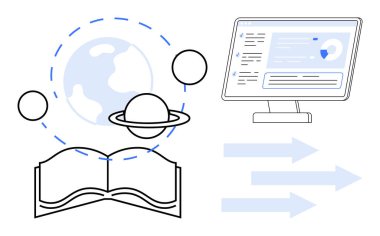 Dünya 'nın yörüngesinde dönen gezegenlerin olduğu açık bir kitap. Analizli bilgisayar ekranı ve yönlü oklar. Eğitim, e-öğrenim, teknoloji, yenilik, küresel bilgi, keşif dijital