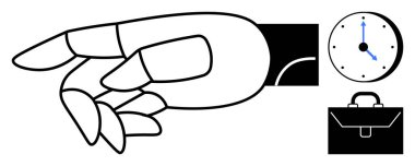 Otomasyon, verimlilik ve zaman yönetimini sembolize eden bir saat ve evrak çantasının yanına uzanan robot el. Yenilik, robot bilimi, üretkenlik, teknoloji, iş, iş için ideal basit