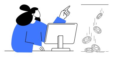 Masada oturan bir kadın, monitörle etkileşimde, üst üste gelen paraları işaret ediyor. Finans, iş, kâr, çevrimiçi kazanç, yatırım dijital ekonomi büyümesi için idealdir. Basit düz