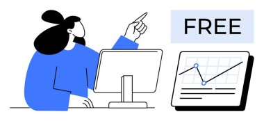 Kadınlar masaüstünün yanındaki listede trendlerin ve ücretsiz teklifin altını çiziyor. Analiz, araştırma, iş, teknoloji, pazarlama, büyüme, eğitim için ideal basit düz metafor