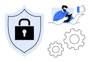 Asma kilitli kalkan güvenliği temsil ediyor. Tablet kullanan ve olumlu jest vurgusu onaylayan biri. Dişliler süreci sembolize eder. Siber güvenlik, teknoloji, iş akışı, güven, güvenlik, mahremiyet için ideal