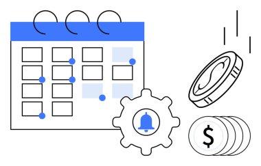 Tarihlerle işaretlenmiş takvim, bir çan simgesi ile donatılmış dişli ve mali organizasyonu gösteren madeni paralar, görev çizelgesi ve zamanında hatırlatıcılar. Planlama, tasarruf, bütçe, etkinlik zamanı için ideal