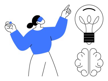 Kadın, stilize edilmiş bir beyin tasarımıyla birlikte parlak bir ampulü işaret ederken enerjik bir şekilde hareket ediyor. Yaratıcılık, yenilik, beyin fırtınası, eğitim, problem çözme, hayal gücü için ideal