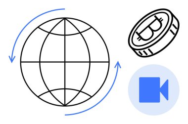 Dünya çapında dönmeyi gösteren oklu dünya, kriptoyu sembolize eden Bitcoin madeni para video iletişimi için kamera simgesi. Kavram için idealdir. Küreselleşme, teknoloji, fintech, uzak