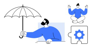 Şemsiye tutan adam, yoga pozunda meditasyon yapan kadın ve teçhizat bulmacası koruma, dikkat, problem çözme, takım çalışması, kendine bakım, yenilik ve bütünsel denge. Basit düz