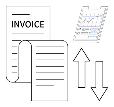 Fatura kâğıdı, grafikli pano, yukarı ve aşağı giden oklar mali işlemleri simgeliyor. Finans, iş, muhasebe, veri analizi, fatura, mali büyüme raporlaması için ideal