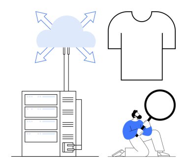 Sunucularla bulut hesaplama, ayrıntıları büyüteçle analiz eden kişi ve kıyafet taslağı. Teknoloji eğilimleri, veri araştırmaları, moda sürdürülebilirliği, yenilik, analitik, bulut depolama