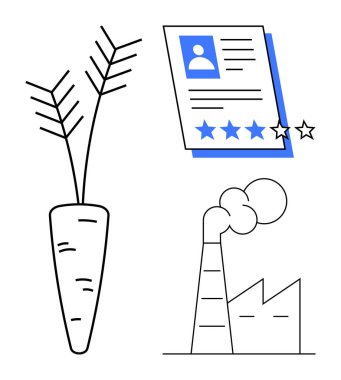 Asgari özet havuç, duman salınımlı fabrika ve yıldızlı belge. Çevre, sürdürülebilirlik, derecelendirme sistemleri, gıda kalitesi, karbon ayak izi, çevre dostu basit düz