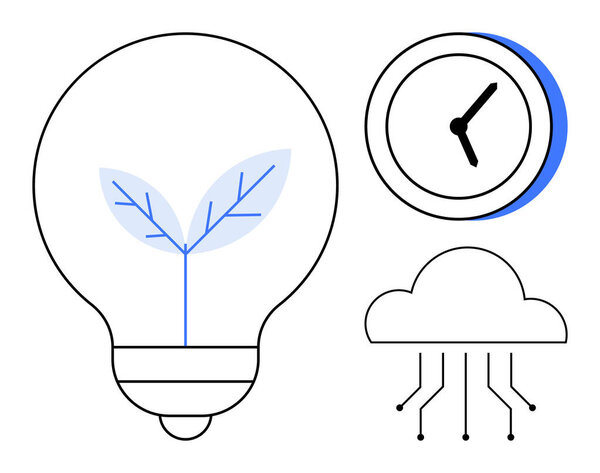 Лампочка с растительным ростком, часы, и облако с цепями линий. Идеально подходит для инноваций, технологий, управления временем, роста производительности и экологически чистых решений. Простая квартира