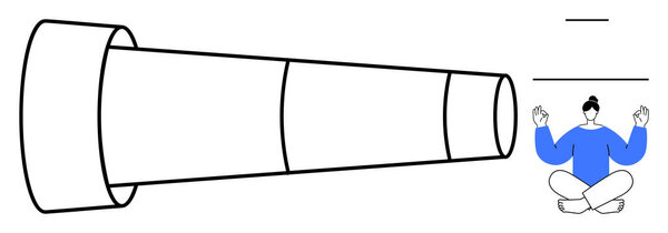 Гигантский телескоп, указывающий наружу рядом с медитирующим человеком в позе лотоса. Идеально подходит для сосредоточенности, внимательности, сосредоточенности, самопознания, навязчивости, перспективы, баланса. Простая плоская метафора