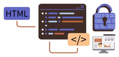 HTML etiketi, kodlama ekranı, siber güvenlik asma kilidi ve veri analiz şeması ağ geliştirme ve güvenli teknolojiyi vurguluyor. Programlama, güvenlik, analitik, teknoloji eğilimleri, kodlama öğrenimi için ideal