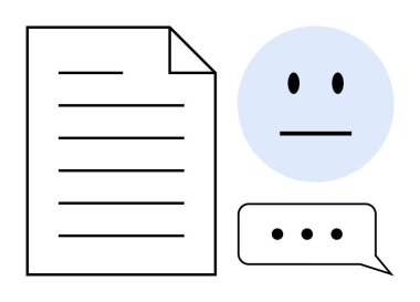 Tarafsız yüz ifadesinin ve sohbet baloncuğunun yanında iletişim, ifade, geri bildirim, gözden geçirme veya mesaj alışverişini gösteren belge. İletişim, geri bildirim, inceleme, değerlendirme ifadesi için ideal