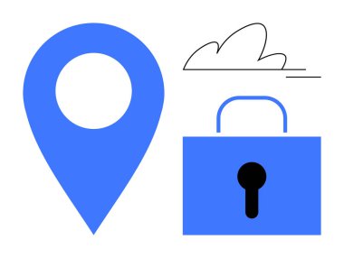 Mavi lokasyon iğnesi, kilit sembolü ve minimalist bulut şekli. Güvenlik, gizlilik, veri depolama, çevrimiçi güvenlik, GPS koruması dijital teknoloji için ideal. Basit düz metafor