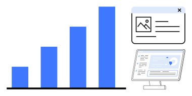 Mavi çizelge, bir bilgisayar ekranı ve bir web sayfası modeliyle büyümeyi sembolize ediyor. Yenilik, analitik, teknoloji, ilerleme, pazarlama, dijital araçlar ve büyüme için ideal. Temiz