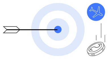 Okun hedefi vurması, yukarıdaki uçak simgesi ve hareket halindeki para başarı, finans, seyahat ve hassasiyeti işaret ediyor. Ticari başarı, strateji, hedefler, finansal seyahat hırsı ve odaklanmak için ideal