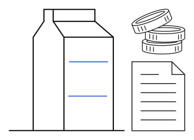İki mavi çizgili süt kutusu, istiflenmiş bozuk paralar ve çizgileri olan bir kağıt belge. Finans, fiyatlandırma, iş, bütçe, envanter perakende ekonomisi için ideal. Temiz ve basit düz metafor