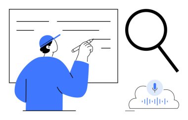 Beyaz tahtada yazan kişi, yanında büyüteç ve ses tanımayı simgeleyen bulut simgesi. Eğitim, beyin fırtınası, analitik, araştırma, teknoloji, iletişim ve yenilik için ideal