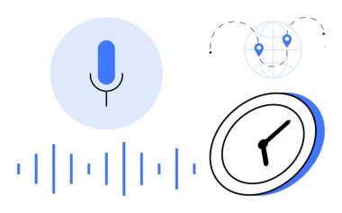 Ses tanıma için mikrofon, ses dalgaları, zaman için saat, bağlantı için iğneli harita. Teknoloji, iletişim, yapay zeka, üretkenlik, küresel erişilebilirlik uzaktan erişilebilirlik için ideal basit düz çalışma