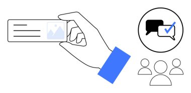 El ele tutuşan kimlik kartı, çekli mesaj baloncukları ve üç kullanıcı simgesi. Kimlik doğrulama, iletişim, kullanıcı yönetimi, ağ oluşturma, işbirliği, onay süreci iş rolleri için ideal