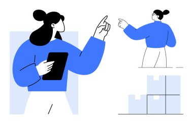 Bir tablet tutan ve kendine güvenen, iş akışına rehberlik eden, envanter kutularını yöneten bir kadın. Lojistik, organizasyon, liderlik, takım çalışması, yönetim ve planlama için ideal