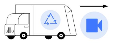 Oklar üçgenli geri dönüşüm kamyonu, video kamera, ileri hareket oku. Sürdürülebilirlik, ekoloji, ulaşım, atık yönetimi, yenilik teknolojisi takibi için ideal. Basit düz