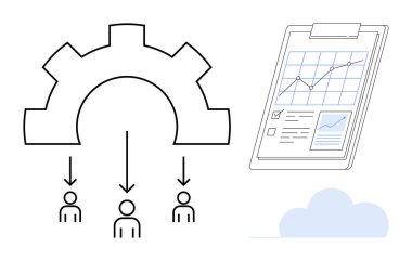 Ekip üyelerini analitik çizelgeler ve grafiklerle birlikte bir panonun yanına bağlayan Gear diyagramı. Takım çalışması, süreç yönetimi, analitik, iş akışı, veri sunumu, raporlama, işbirliği için ideal