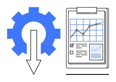 Grafik, kontrol listesi ve veri grafiği olan panonun yanındaki işlem optimizasyonunu simgeleyen aşağı doğru ok ile vites. Yenilik, analitik, verimlilik, strateji, iş akışı iyileştirme için ideal