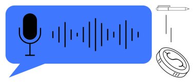 Mavi konuşma balonu, kalem ve bozuk para içinde ses dalgaları olan bir mikrofon simgesi. İletişim, teknoloji, ses kaydı, podcast, ses hizmetleri yenilik finansmanı için ideal. Basit düz metafor