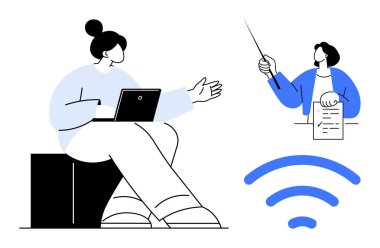 Biri dizüstü bilgisayarla, diğeri belgeye işaret eden iki kişi, artı bir kablosuz ikon. Takım çalışması, uzaktan çalışma, eğitim, yenilik, iletişim ve teknoloji sorunları çözmek için ideal