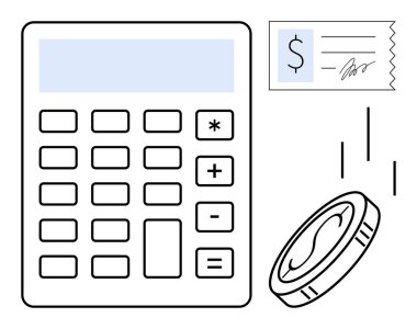 Hesap makinesi, dolar işareti ve imzalı makbuz, ve düşen madeni para görselleştirme finans, muhasebe, bütçe, tasarruf, gider takibi, vergi hesapları ve yatırım planlama. Basit düz
