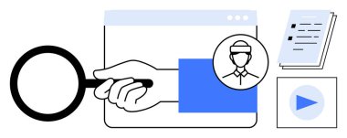 Büyüteç denetleme penceresi, kullanıcı avatarı, dosya yığını ve oynatma düğmesi. Veri analizi, profil yönetimi, araştırma, kullanıcı deneyimi, öğretici çevrimiçi odak metaforu için ideal