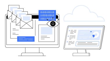 E- postaları, ikili kodları, analizleri ve bulut simgesini içeren masaüstü ekranları. Siber güvenlik, bulut hesaplama, veri yönetimi, ağ oluşturma, e-posta güvenliği dijital iletişim için ideal basit düz metafor