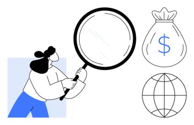 Elinde büyüteç tutan kadın para çantasını ve küreyi inceliyor, finansal analize odaklanıyor, küresel ekonomi. Finans, planlama, pazarlama, araştırma, iş, yatırım için ideal daire